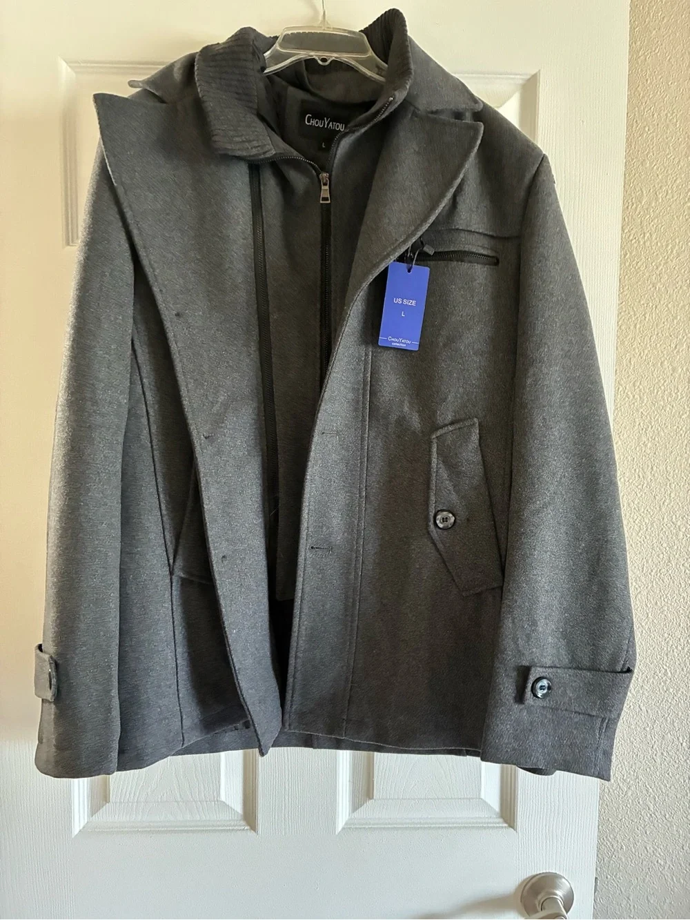 ChouYatou Men's Gray Wool-Blend Pea Coat with Zip-In Inner Layer